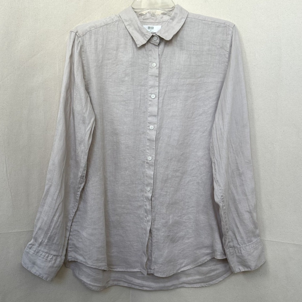 Uniqlo Clean Girl Granola Minimalist 100%Linen Shirt Beige Button Down Sz. M